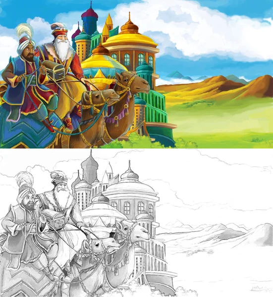 Cartoon Scene Princes Kings Traveling Arabian Castle Illustration Children — Stock Photo, Image