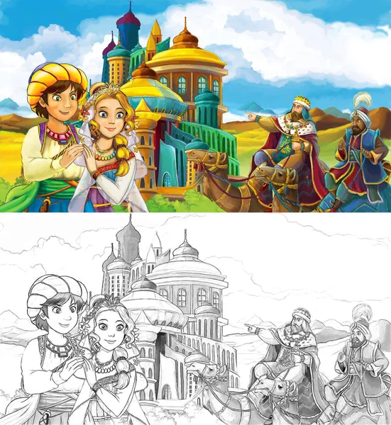 Cartoon Scene Prince King Traveling Arabian Castle Illustration Children — Stock Photo, Image