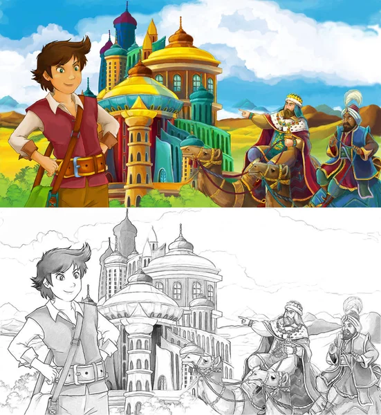 王子と王の子供のためアラビアの城図近く旅行漫画シーン — ストック写真
