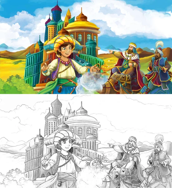 卡通场面与王子或国王旅行在阿拉伯城堡附近 例证为孩子 — 图库照片