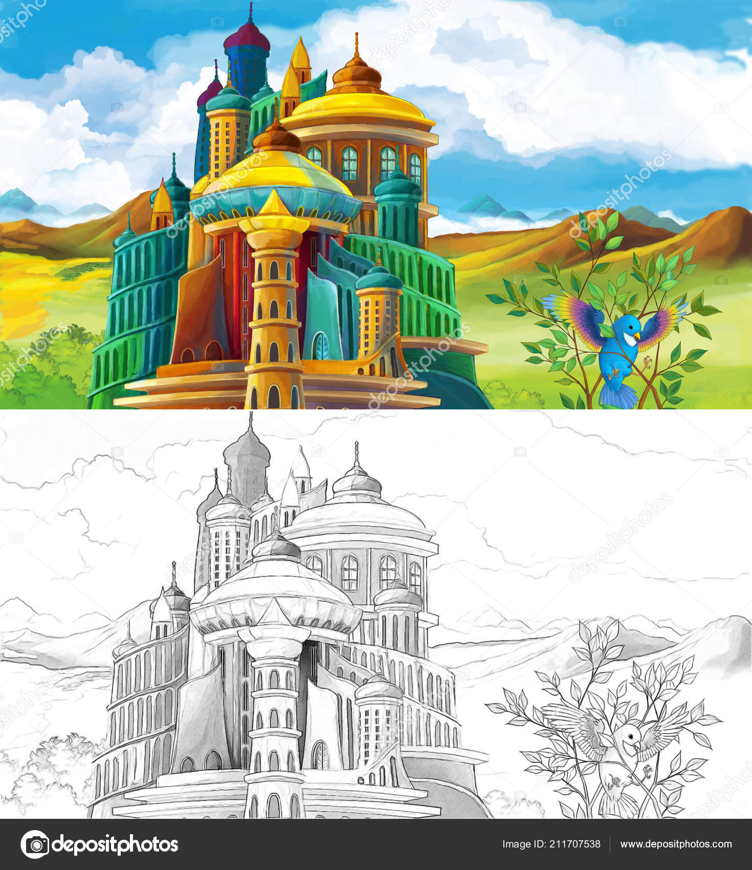 Scène Dessin Animé Avec Bel Oiseau Bleu Volant Proximité