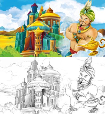 çizgi film sahne prens ya da çocuklar için Arap Kalesi - sanatsal boyama sayfası - illüstrasyon yakınındaki seyahat Kral ile