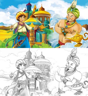 çizgi film sahne prens ya da Arap castle castle - illüstrasyon çocuklar için arkasında uçan dev cinler bakarak yakınındaki seyahat ile Kral ile