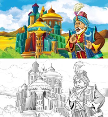 çizgi film sahne prens ya da Kral Arap castle - çocuklar için illüstrasyon yakınındaki seyahat ile