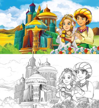 çizgi film sahne güzel castle - çocuklar için illüstrasyon yakınındaki evli çift ile