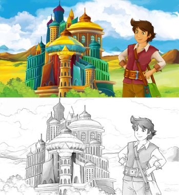 çizgi film sahne prens ya da prenses veya Arap castle - çocuklar için illüstrasyon yakınındaki seyahat Kraliçe Kral ile