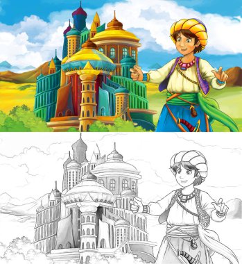 çizgi film sahne prens ya da prenses veya Arap castle - çocuklar için illüstrasyon yakınındaki seyahat Kraliçe Kral ile