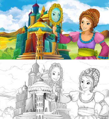 sahne görkemli castle yakınındaki güzel prenses - sayfa - illüstrasyon çocuklar için boyama artisric ile çizgi film