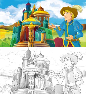 çizgi film sahne prens ya da prenses veya Arap castle - çocuklar için illüstrasyon yakınındaki seyahat Kraliçe Kral ile