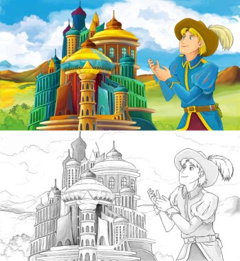 çizgi film sahne prens ya da prenses veya Arap castle - çocuklar için illüstrasyon yakınındaki seyahat Kraliçe Kral ile