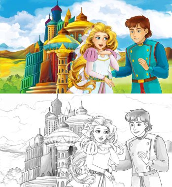 çizgi film sahne güzel castle - çocuklar için illüstrasyon yakınındaki evli çift ile