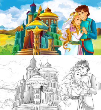 çizgi film sahne güzel castle - çocuklar için illüstrasyon yakınındaki evli çift ile