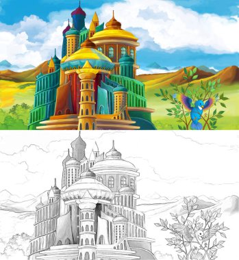 sahne karikatür görkemli kale uçan güzel mavi kuş - sayfa - illüstrasyon çocuklar için boyama ile