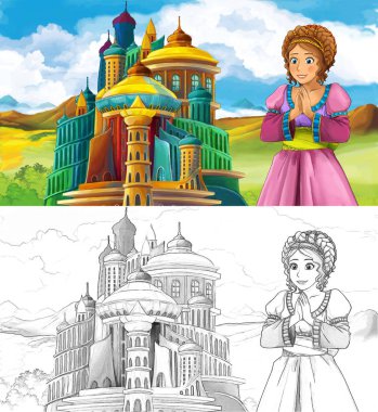 sahne görkemli castle yakınındaki güzel prenses - sayfa - illüstrasyon çocuklar için boyama artisric ile çizgi film