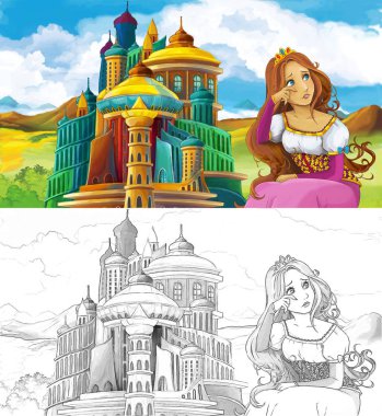 sahne görkemli castle yakınındaki güzel prenses - sayfa - illüstrasyon çocuklar için boyama artisric ile çizgi film