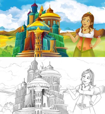 sahne görkemli castle yakınındaki güzel prenses - sayfa - illüstrasyon çocuklar için boyama artisric ile çizgi film