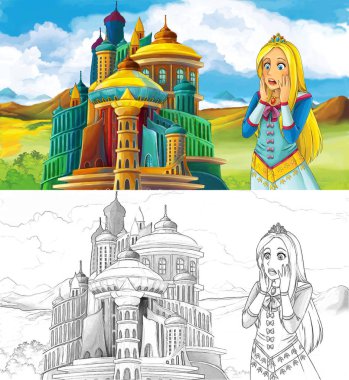 sahne görkemli castle yakınındaki güzel prenses - sayfa - illüstrasyon çocuklar için boyama artisric ile çizgi film