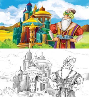 çizgi film sahne prens ya da Kral Arap castle - çocuklar için illüstrasyon yakınındaki seyahat ile