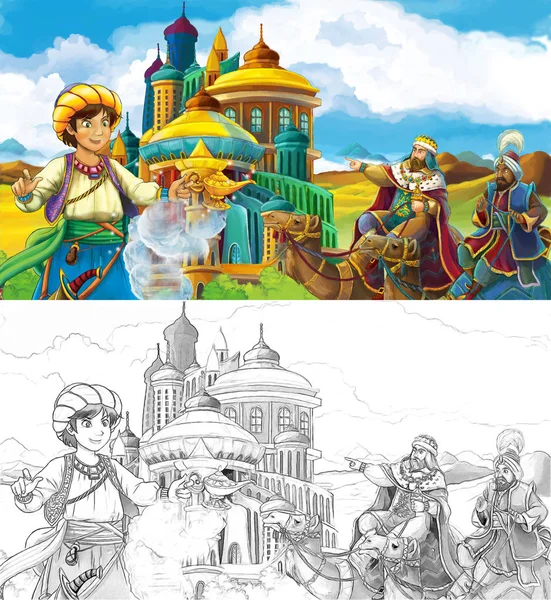 Escena Dibujos Animados Con Príncipes Reyes Que Viajan Cerca Del — Foto de Stock