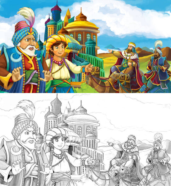 cartoon scene with princes or kings traveling near arabian castle- illustration for children