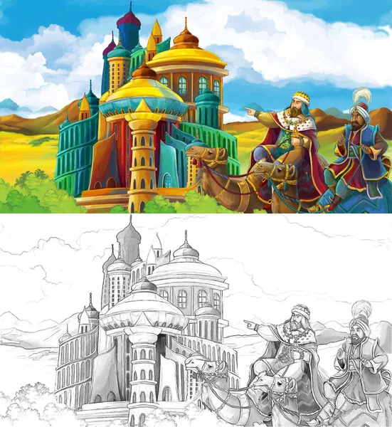 Γελοιογραφία Σκηνή Άρχοντες Βασιλιάδες Που Ταξιδεύουν Κοντά Στο Αραβικό Κάστρο — Φωτογραφία Αρχείου