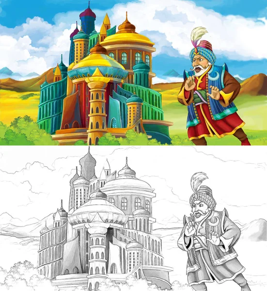 çizgi film sahne prens ya da Kral Arap castle - çocuklar için illüstrasyon yakınındaki seyahat ile