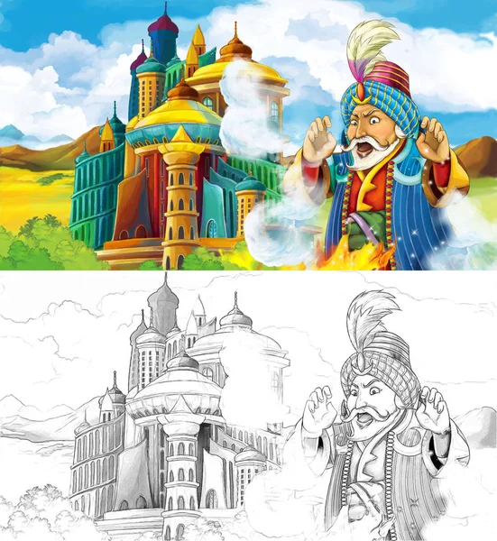 çizgi film sahne prens ya da Kral Arap castle - çocuklar için illüstrasyon yakınındaki seyahat ile