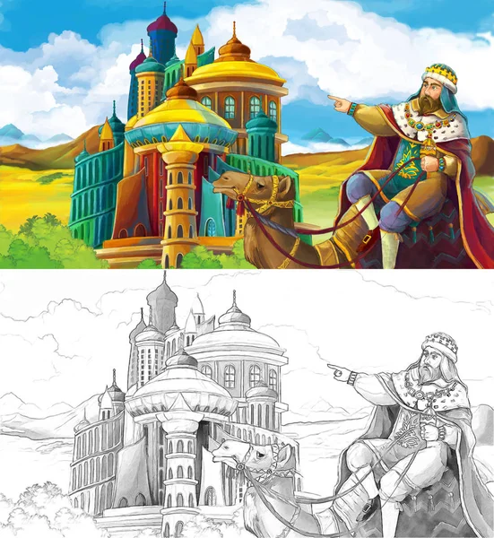 Мультфильм Принцем Королем Путешествующим Рядом Арабским Замком Иллюстрация Детей — стоковое фото