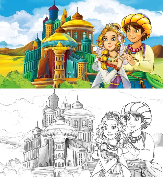 cartoon scene with married couple near beautiful castle - illustration for children