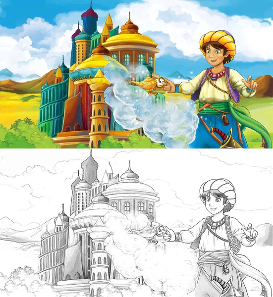 çizgi film sahne prens ya da prenses veya Arap castle - çocuklar için illüstrasyon yakınındaki seyahat Kraliçe Kral ile