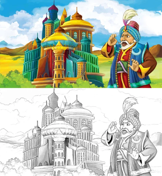 çizgi film sahne prens ya da Kral Arap castle - çocuklar için illüstrasyon yakınındaki seyahat ile