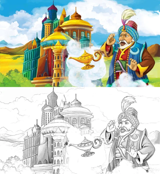 çizgi film sahne prens ya da Kral Arap castle - çocuklar için illüstrasyon yakınındaki seyahat ile