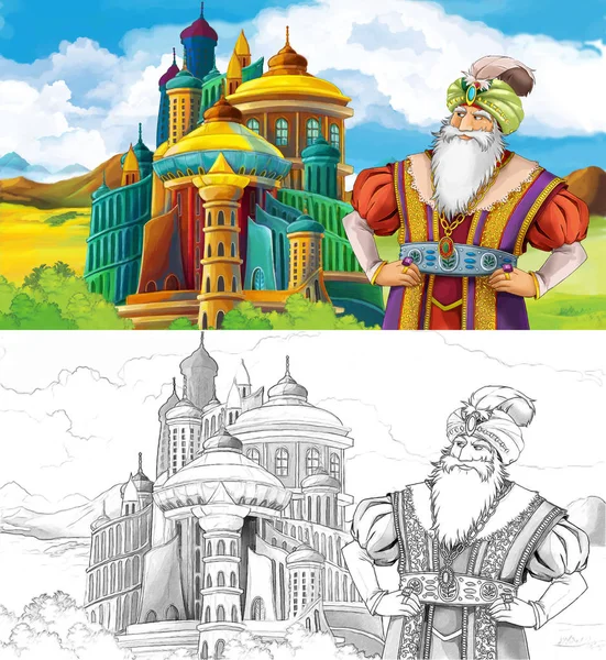 çizgi film sahne prens ya da Kral Arap castle - çocuklar için illüstrasyon yakınındaki seyahat ile