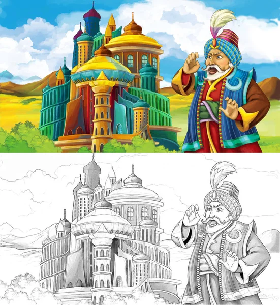 Cartoon Scen Med Prins Eller Kung Resor Nära Arabian Castle — Stockfoto