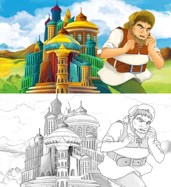 Cartoon Scene Prince King Traveling Arabian Castle Artistic Coloring Page — Stock Photo, Image