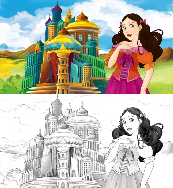 Kreslený Scény Krásnou Princeznou Nedaleko Majestátního Hradu Artisric Omalovánky Ilustrace — Stock fotografie