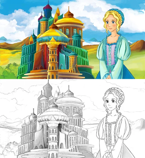Cartoon Scen Med Vacker Prinsessa Nära Majestätiska Slottet Med Artisric — Stockfoto
