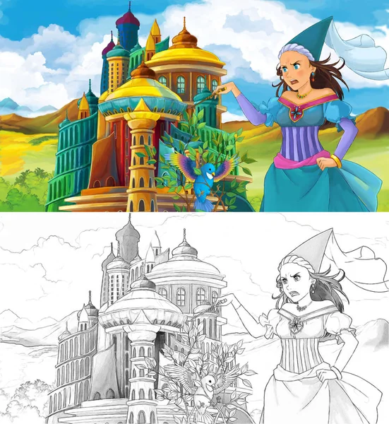 卡通场面与美丽的公主在雄伟的城堡附近 Artisric 着色页 例证为孩子 — 图库照片
