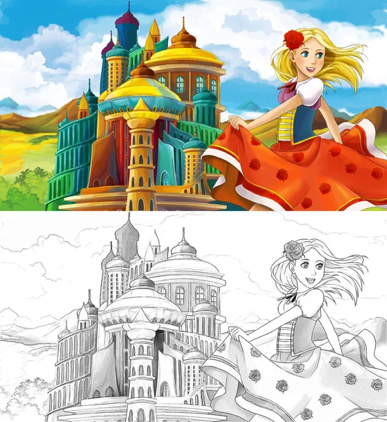 Cartoon Scene Beautiful Princess Majestic Castle Artisric Coloring Page Illustration — Stock Photo, Image