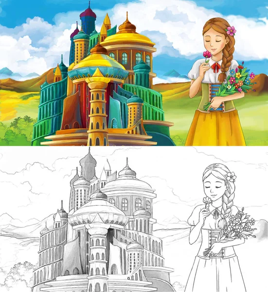 Kreslený Scény Krásnou Princeznou Nedaleko Majestátního Hradu Artisric Omalovánky Ilustrace — Stock fotografie