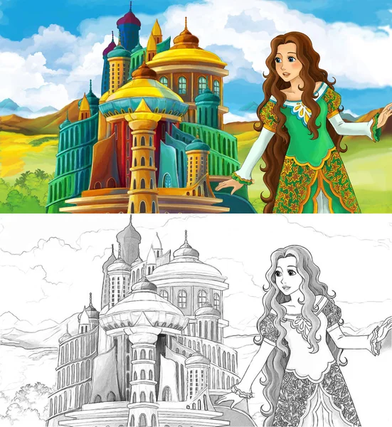 Escena Dibujos Animados Con Hermosa Princesa Cerca Del Majestuoso Castillo — Foto de Stock