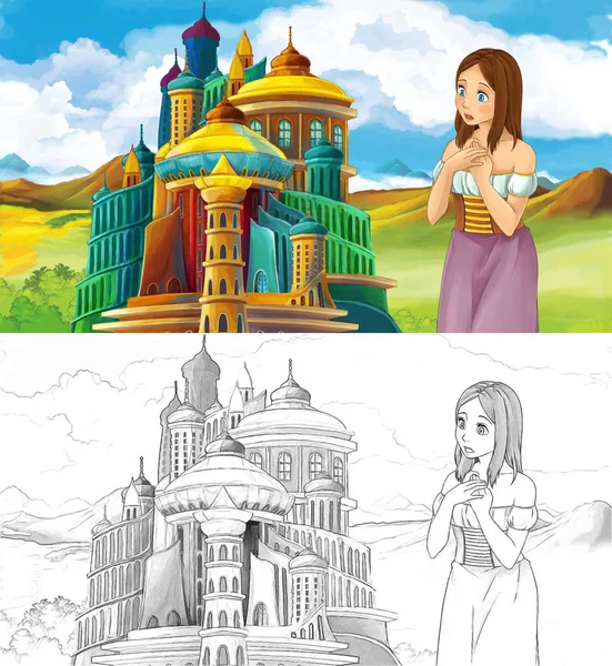 Sarjakuva Kohtaus Kaunis Prinsessa Lähellä Majesteettinen Linna Taiteellinen Väritys Sivu — kuvapankkivalokuva
