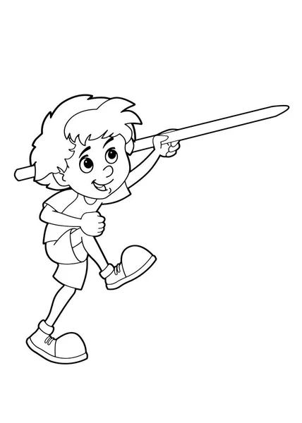 Cartoon Child Training Throwing Spear Isolated Vector Coloring Page Illustration — Stock Vector