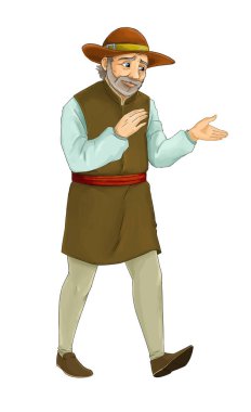 Karikatür ortaçağ adam yürüyüş ve konuşma- çocuklar için illüstrasyon