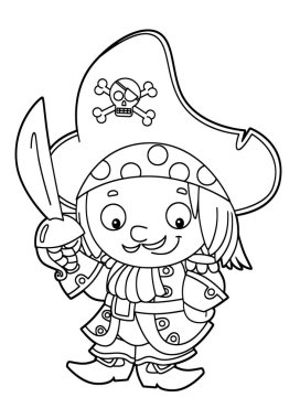 mutlu gülümseyerek çizgi film çocuklar için sayfa boyama büyük kılıç vektör ile ayakta Ortaçağ korsan