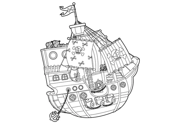 Escena Dibujos Animados Con Barco Pirata Página Para Colorear Vector — Vector de stock
