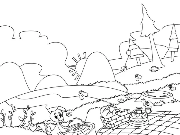 ピクニック 少女と彼女のキャンプの漫画シーンや子供たちの犬 ページを着色 イラスト — ストックベクタ