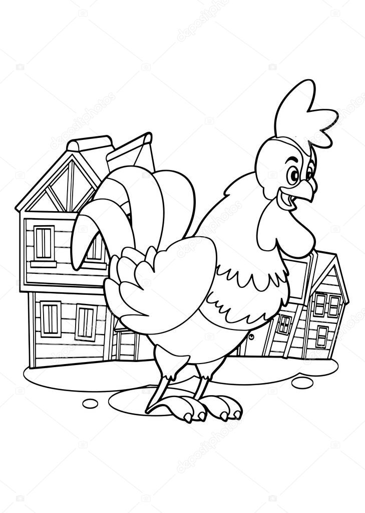 cartoon scene with rooster on the farm on white background - vector coloring page - illustration for children
