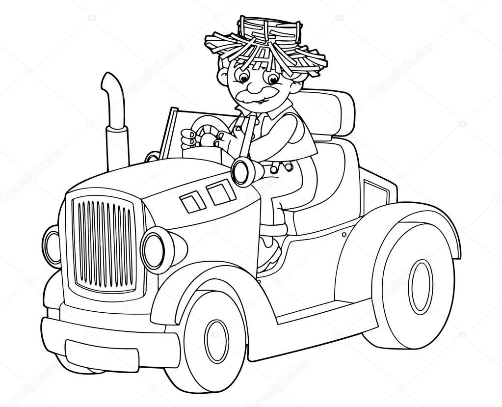cartoon scene with farmer sitting in tractor - vector coloring page - illustration for children