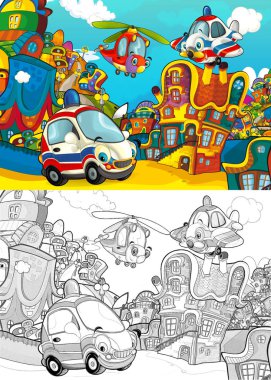 Çizgi film ambulans araba gülümseyen ve otopark ve üzerinde - illüstrasyon çocuklar için uçan uçak arıyorsunuz